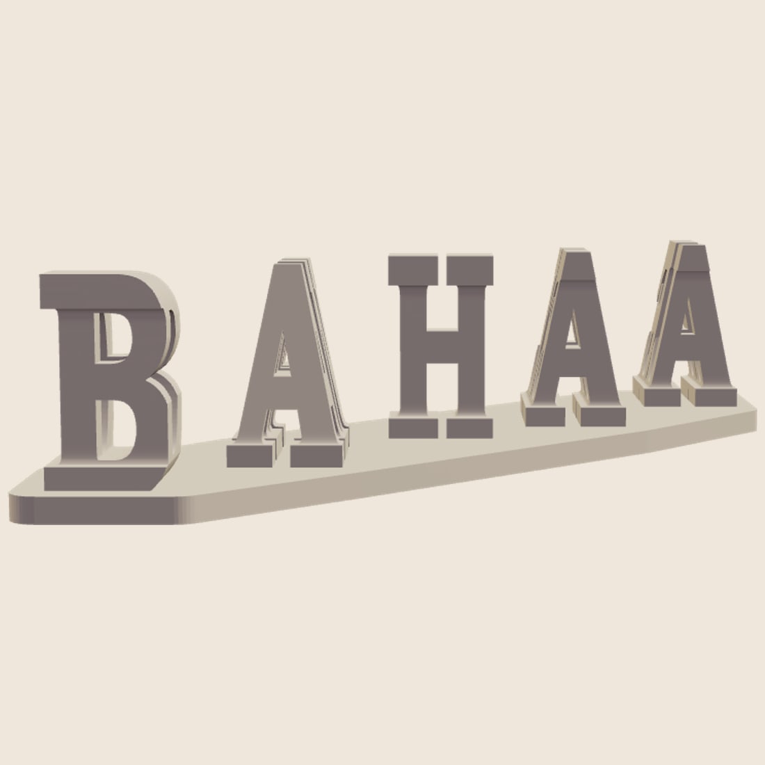 A 3D-printed dual-view name sculpture that reads BAHAA from one angle and DANIELLE from the other.